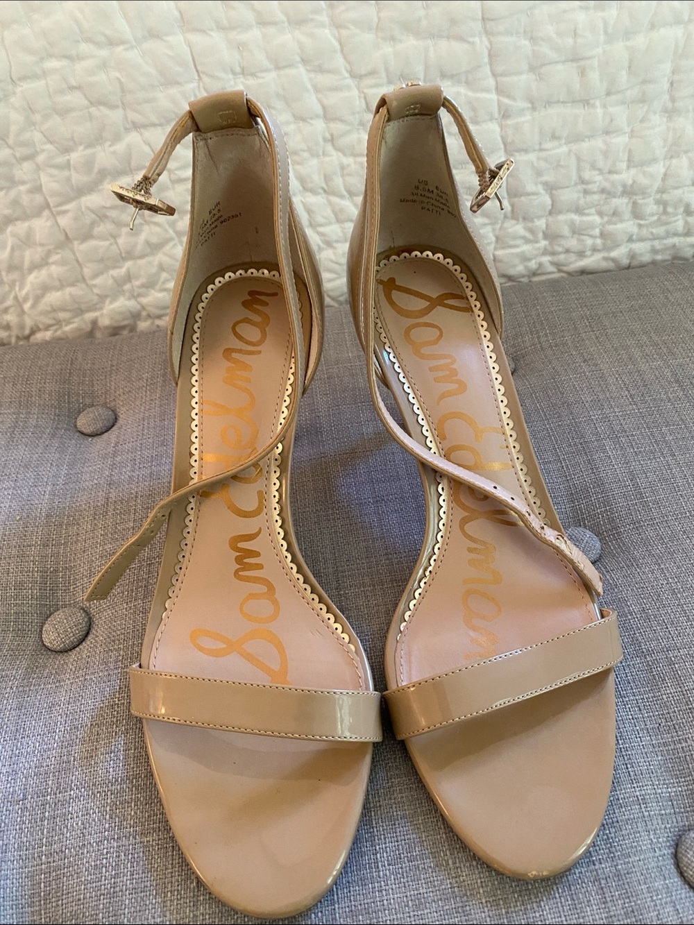 Sam Edelman Beige Patent Ankle-Tie Heeled Sandals